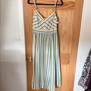 La Ligne Striped Midi Dress in Green, Blue, and Yellow